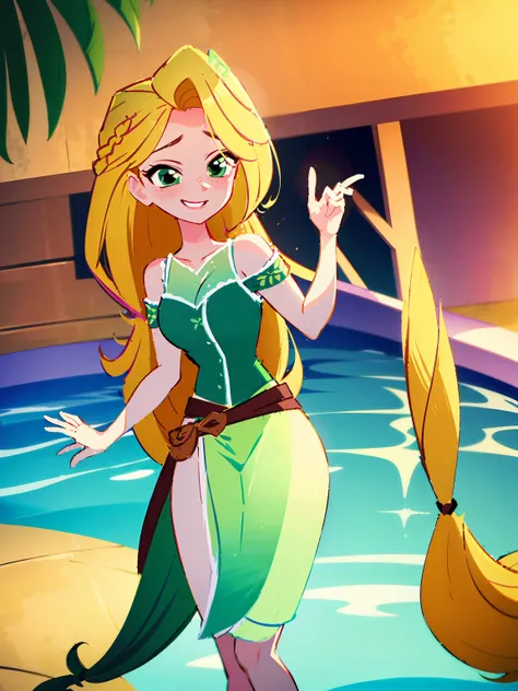 (masterpiece, best quality, high resolution: 1.5) Rapunzel stands up in the pool and kisses the camera. rapunzel, stands in the pool, Rapunzel kissed the viewe, green island outfit, (loose hair: 1.7), great smile, green eyes,