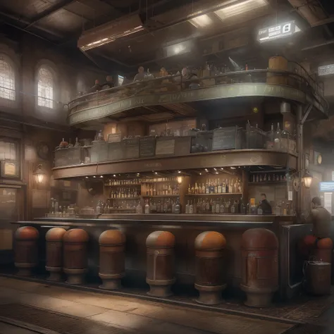 Dieselpunk AI:Spacious Double decker Unmanned Bar,(Photorealistic:1.2),(depth of fields)