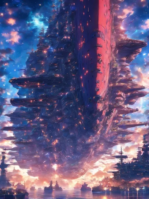 Lossless HD、4K、Excellent image quality、Large space battleship，Floating in the air，urban backdrop