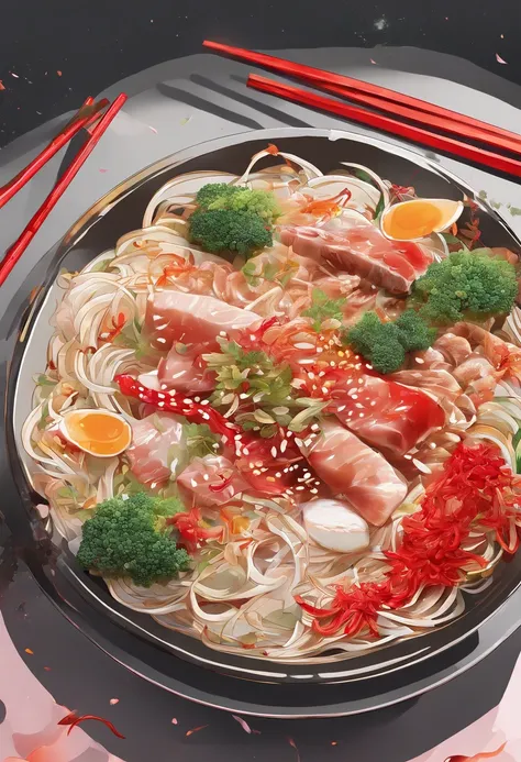 Delicious and tempting Chinese rice noodles，Blank background with beef inside,Lots of peppers，Many red oil chopsticks picked up rice noodles and displayed them in the style of colorful animation stills, sci fi anime, Dark red and dark amber, Qian Xuan, org...