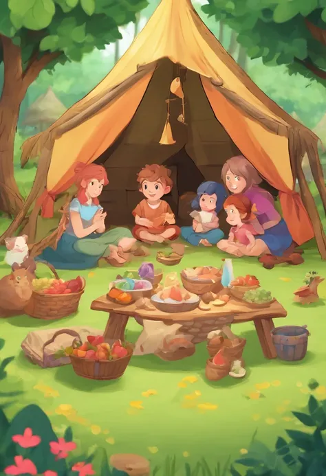 Family members set up picnic tents in the forest, filled the air with cheerful laughter and birds singing, 3D childrens cartoons, and high render