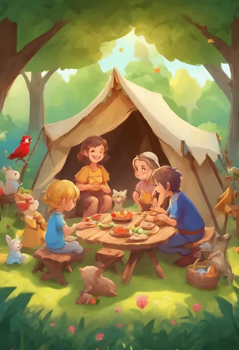 Family members set up picnic tents in the forest, filled the air with cheerful laughter and birds singing, 3D childrens cartoons, and high render