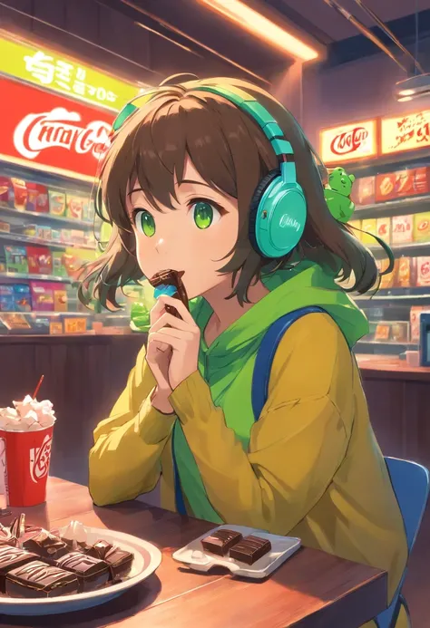 A masterpiece green frog with headphones eating kitkat chocholate, fatness