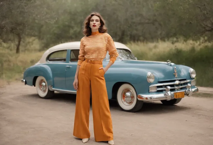 Woman in striped shirt and orange pants standing in front of the car, Vintage 6 0 s stylish, 1950s vibes, Core year 1 9 5 0 seconds, dressed like in the 1940s, Style 5 0 s, 50s style, Vintage style 5 0 seconds, director: Alan Lind, 60s style, (flying cars)...