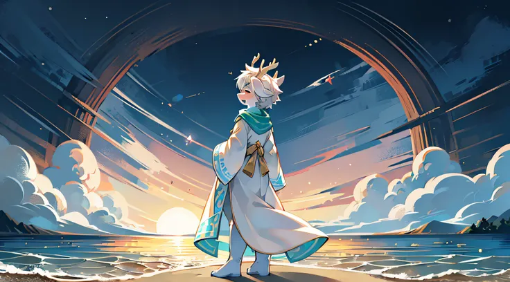 A white deer，stand on sand，the setting sun，blue-sky，eventide，back to look back，gentleness，Shota，adolable，long white robe，Green pattern，Close your eyes，having fun，expecting，gratified，laughing joyfully