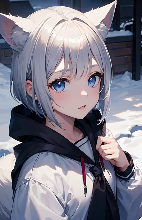 ​masterpiece,Top image quality,hight resolution,imagem 4k,Raw photo,Photorealsitic,{Solo},teens girl,Embarrassment,Silver Short Bob,stare at each other,,Blue eyes,小柄,,Silver fox ears,Fox tail,snowscape,boyish,Ainu,Attusi