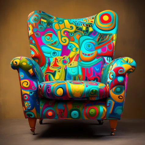 brightly colored chair with a colorful design on it, funky furniture, inspired by Tim Biskup, whimsical and psychedelic, monster graveyard chair, armchair, inspired by Pierre Alechinsky, bold and colourful, inspired by Paul Feeley, armchairs, portrait shot...