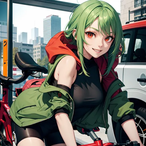 1girl in, Green hair, Red Eyes, bicycle, parka,Tank tops,a smile