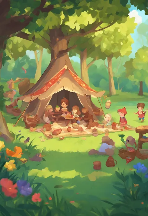 A family pitches a picnic tent in the forest, The air is filled with cheerful laughter and birds singing, kids cartoon, and high rendering