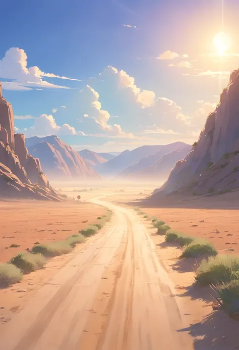 Create a Disney-style 3D illustration of a dusty road in the Judean desert where the incident occurred. Emphasize realism and attention to detail in the environment, incluindo a textura da estrada empoeirada, a paisagem do deserto, and the soft illuminatio...