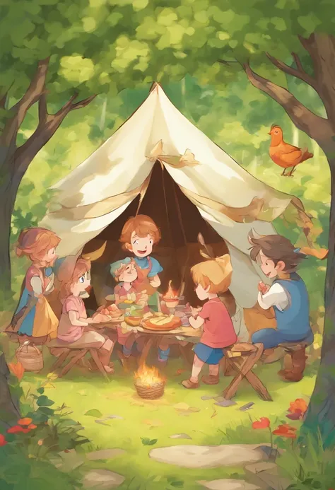 A family pitches a picnic tent in the forest, The air is filled with cheerful laughter and birds singing, kids cartoon