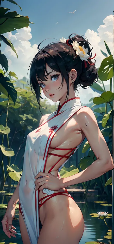 1female，for 6 years old，bit girl，Small loli，smallunderboob，Raised sexy，Pornographic exposure， 独奏，（Background with：Surrounded by lotus flowers，bamboo forrest，Lotus pond，lotuses，lotus flower，china rose，rosette，chrysanthemums） She has short black hair，standin...