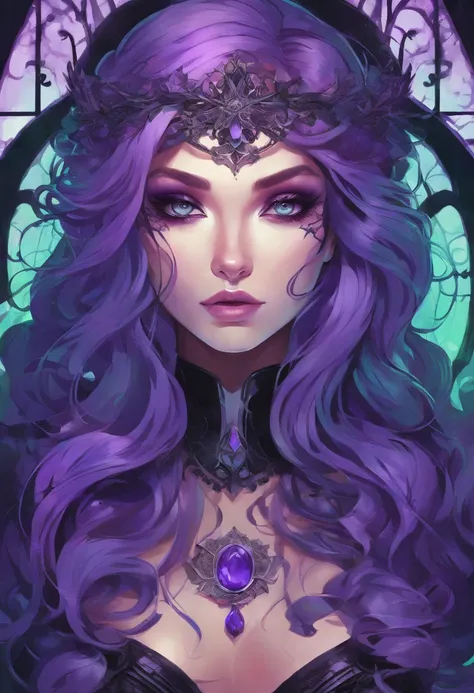 a close up of a woman in a costume with purple hair and purple glowing eyes, glowing green pumpkins, lois van baarle and rossdraws, artgerm and lois van baarle, artgerm and rossdraws, rossdraws cartoon vibrant, beautiful succubus, ross tran style, rossdraw...