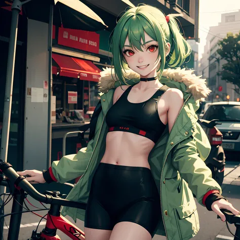 1girl in, Green hair, Red Eyes, bicycle, parka,Tank tops,a smile