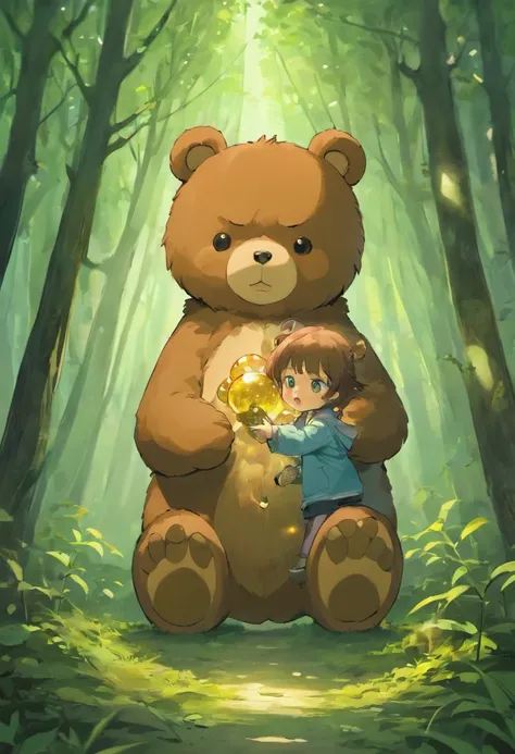 Create a realistic brown teddy bear painting, Ted Style, Handmade drawings,shadowy, In the forest with magic balls、Children of Teddy Bears