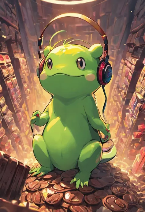 A masterpiece green frog with headphones eating kitkat chocholate, fatness