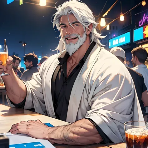 Old man with white robe party in bar, smiling, white beard, face similiar to chris hemsworth, full with party people, background outdoor