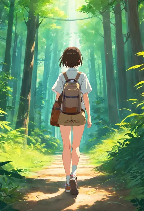 In the forest，The back of a boy，Carrying a travel bag，In a white blouse shirt，brown shorts，athletic sneakers，Tall hair tied up，on  back、(Cinematic:1.2)、intricately details、(art  stations:1.3)、