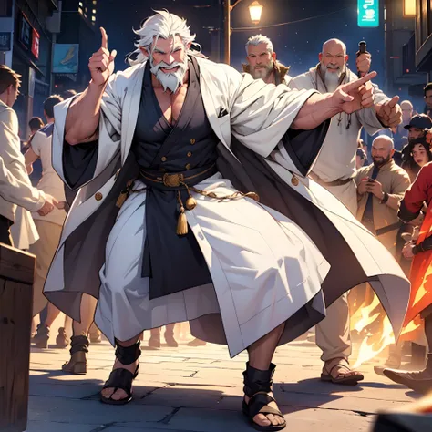 Old man with white robe party in bar, smiling, white beard, face similiar to chris hemsworth, full body, full with party people, background outdoor