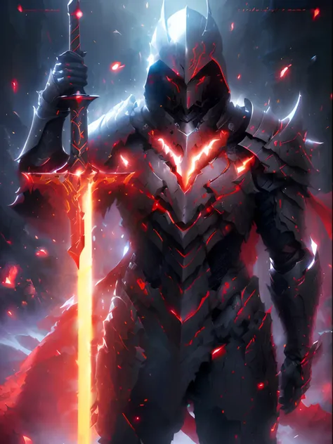 arafed knight with a sword and glowing armor standing in front of a dark background, evil knight, blood knight, fantasy knight, fallen knight, dragon knight, knight armored in red, dan mumford. 8 k octane render, epic fantasy digital art style, black and r...