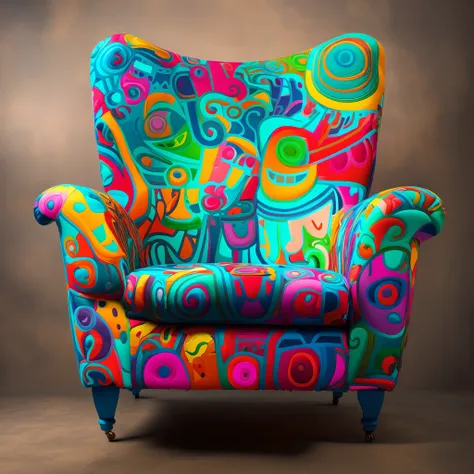 brightly colored chair with a colorful design on it, funky furniture, inspired by Tim Biskup, whimsical and psychedelic, monster graveyard chair, armchair, inspired by Pierre Alechinsky, bold and colourful, inspired by Paul Feeley, armchairs, portrait shot...