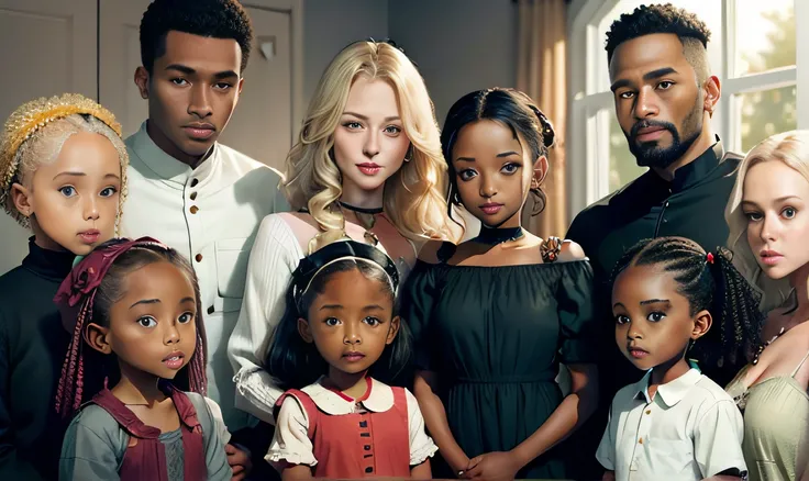 Family, Father darkskin, Woman, White skin, blond hair, Children, five daughters, two sons