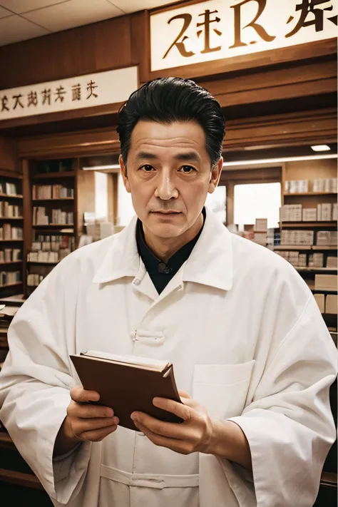 Chinese image，Real frontal photos，Authentic background，Pharmacy background，holding books，Manteau blanc，Face full of wrinkles，TCM image，Wise eyes，male people