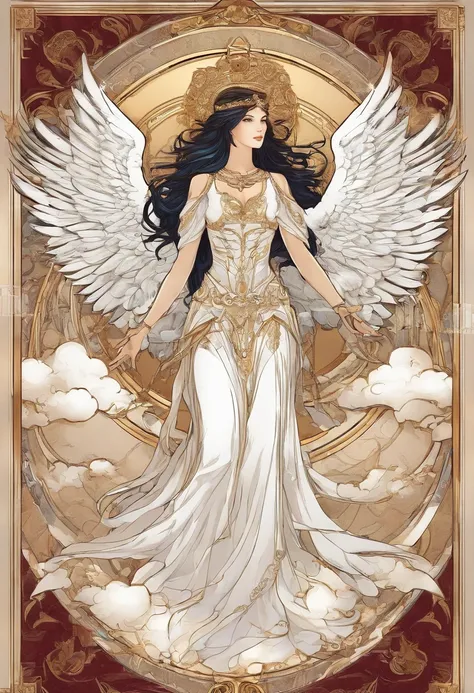 beautiful angel, full body, perspective from below, levitating, short flowing skirt, shoulder length straight black hair, blue eyes, burgundy lipstick, with shining golden halo, wearing all white leather with gold accents, white choker with golden cross, o...