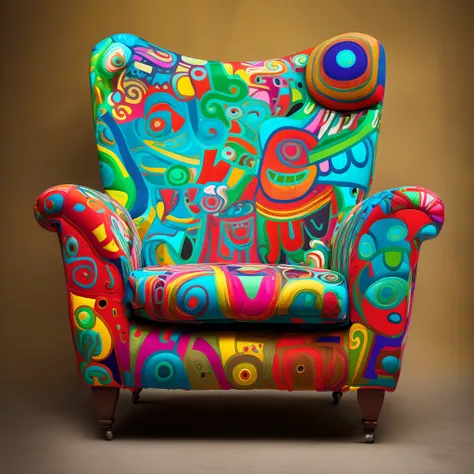 brightly colored chair with a colorful design on it, funky furniture, inspired by Tim Biskup, whimsical and psychedelic, monster graveyard chair, armchair, inspired by Pierre Alechinsky, bold and colourful, inspired by Paul Feeley, armchairs, portrait shot...