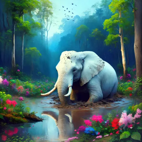 painting of an elephant in a forest with flowers and birds, beautiful nature, colored elephant art, beautiful digital artwork, beautiful digital art, beautiful digital painting, beautiful!!!, beautiful art, beautiful art uhd 4 k, cute elephant, beautiful g...