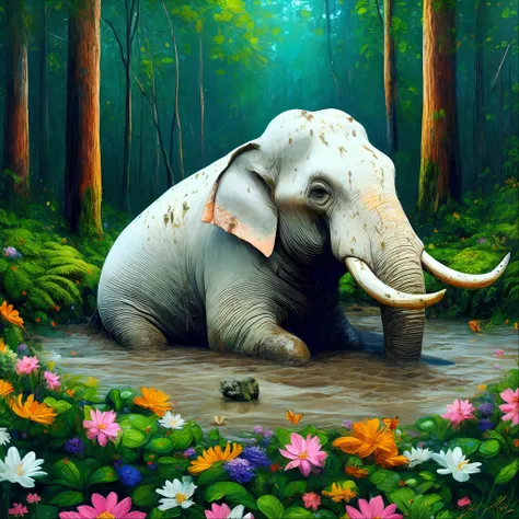 painting of an elephant in a forest with flowers and trees, cute elephant, colored elephant art, beautiful digital artwork, beautiful digital painting, beautiful digital art, very beautiful digital art, high quality digital painting, beautiful nature, digi...