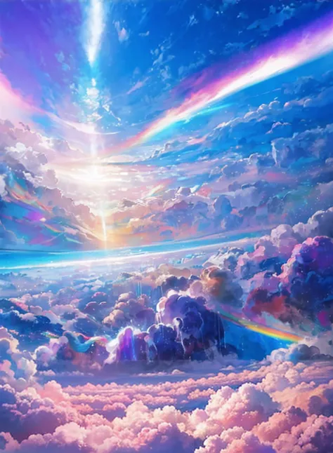 A painting of a rainbow-colored sky with clouds and rainbows, very colorful heavenly, ethereal rainbow nimbus, bright rainbow nimbus, iridescent clouds, heavenly colors, on cosmic cloudscape, sunny rainbow galaxy stormy sea, Rainbow clouds, ethereal rainbo...