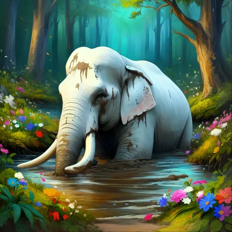 painting of an elephant in a forest with flowers and trees, colored elephant art, beautiful digital painting, detailed painting 4 k, hd digital painting, high quality digital painting, beautiful digital art, cute elephant, very beautiful digital art, beaut...