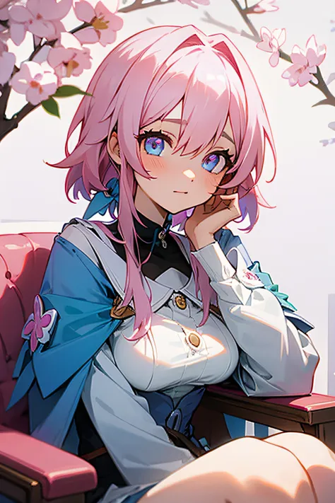 front facing white, girl, sitting on a chair, pink hair, pretty, anime, beautiful eyes, march 7th camera postion in front