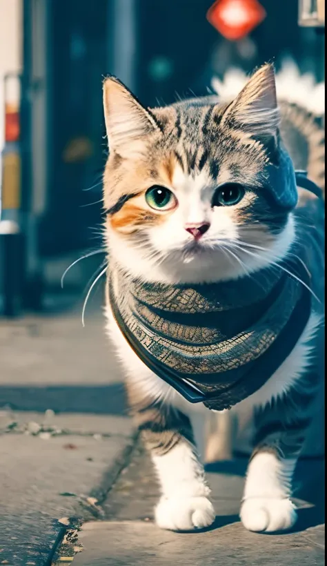 cute cat in knitted hat standing in the city and walking,various poses