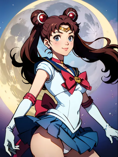 risekujikawa ,Sailor Moon, (white_panties:1.2), brown hair, double bun, twintails, parted bangs, circlet, jewelry, earrings, choker, red bow, white gloves, elbow gloves, blue skirt, blush, full moon, smile, wink