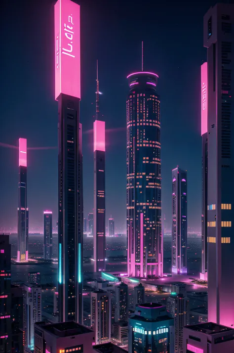 futuristic city of bahrain, magenta, neon glow, futuristic, landscape, masterpieve, 8K