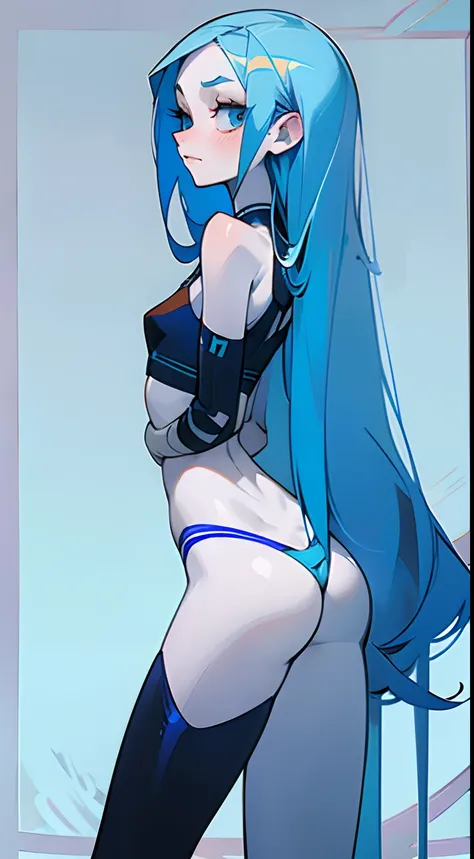 Girl with long thin blue hair, White Skin Skin, Vysokoch, Skinny, beatiful face, sharp facial features, little chest, In a thong and crop top, white sneakers, stands upright, Full-length, ass