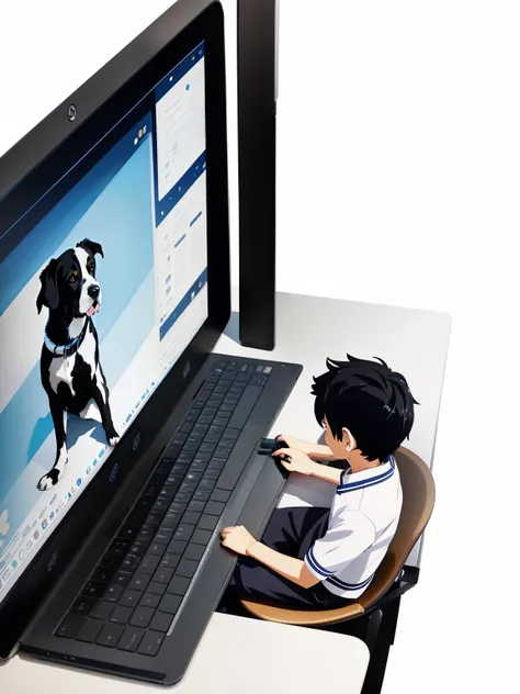 boy sitting in front of laptop，hand typing, the hand is typing, there is a dog on the screen, shinkai makoto style, digital illu...