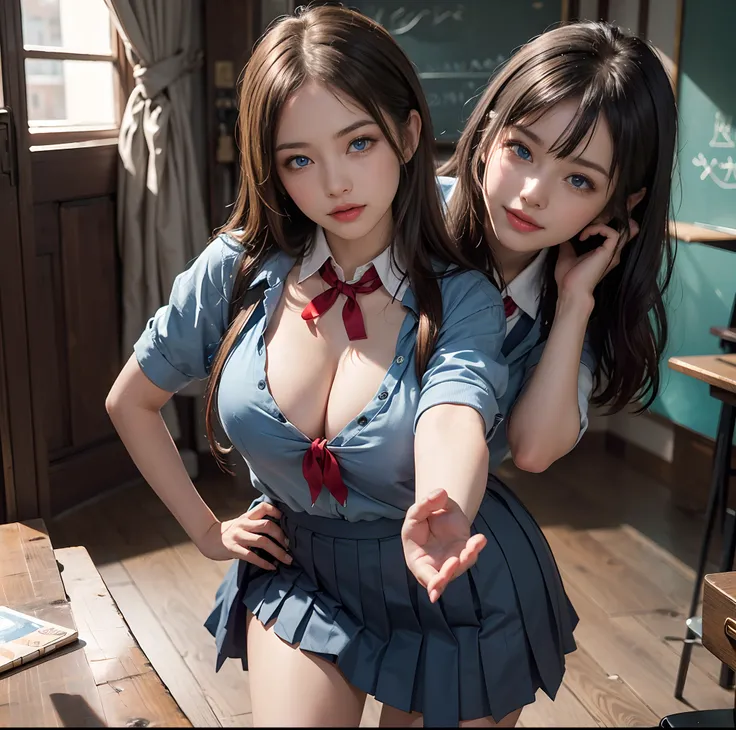 top-quality, ​masterpiece, (Professional lighting without shadows), A hyper-realistic, Bewitching, perfect anatomia, Two girls, (Proudly stand in front of the camera、Girl showing off ribbon tie, Another girl on the other side、Bend over and stick your butt ...