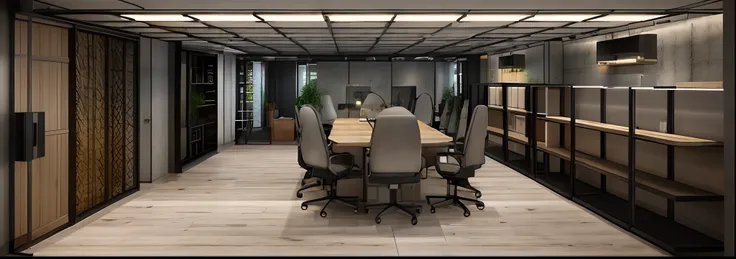 OFFICE, furniture, masterpiece, best quality, photorealistic, modern design, interior design,Industrial style,Modern style,concrete flooring,wood wall