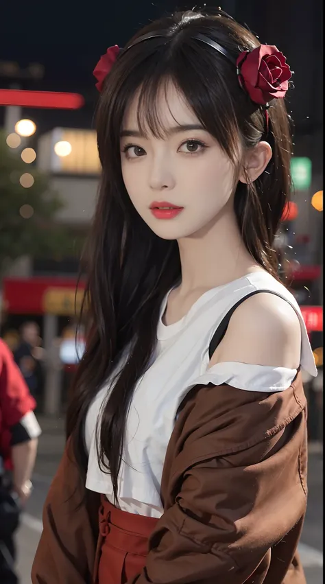 1girl, Tokyo street,night, cityscape,city lights, upper body,close-up, 8k, RAW photo, best quality, masterpiece,realistic, photo-realistic,headgear of red rose, parted bangs, long hair,