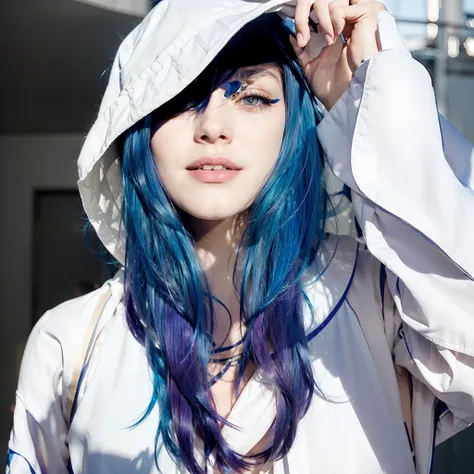 a woman wearing white jacket, inked and colored, beautiful blue haired girl, girl with blue hair, high quality, blue hair, mix hair, purple hair, full body, (photorealistic:1.4), raw photo, 1girl, looking_at_viewer, makeup, solo, light smile,shadows, contr...