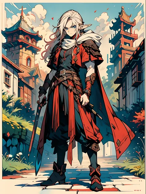 young 20s handsome elf ,man, long red and white hair, wearing black wizard outfit, with serious face, blue eyes, character, anim...