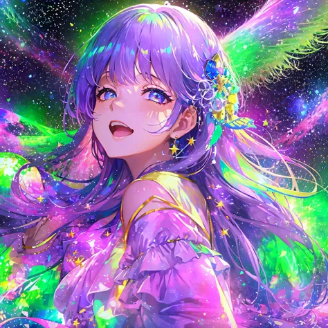 (masutepiece:1.3), (Best Quality:1.3), High resolution, Couboy Shot, on  back,Superb view、(One Cute Girl:1.3), Solo, huge smile、A ring of iridescent angels floats above my head、Angel Ring、Eight-headed body、Colorful starry sky,White dress、Pretend dress、Focu...