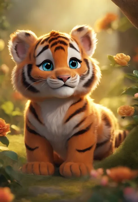 (Masterpiece), (Best quality), (Ultra-detailed), (full bodyesbian:1.2), Super cute, by Pixar, Baby Tiger, Big bright eyes, Fluffy, Smile, delicate and fine, Fairy tales, incredible high details, Pixar style, bright color palette, Natural light, rendering b...