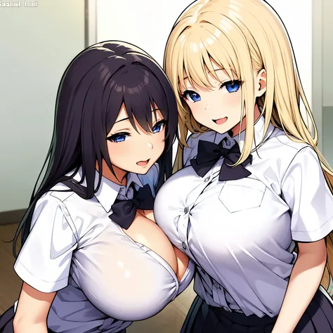 2girls，female high-school student，white student uniform，huge tit，ssmile，be red in the face