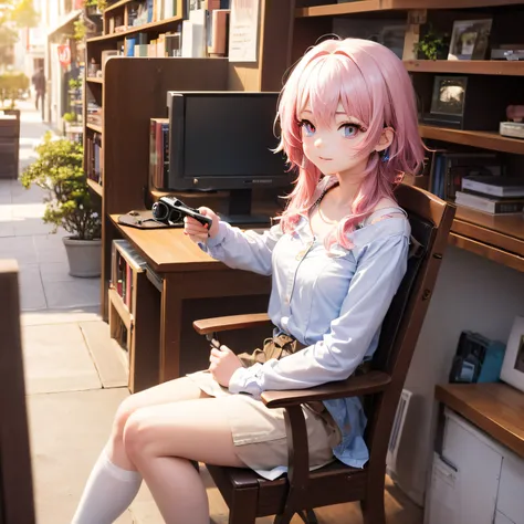 camera front facing white, girl, sitting on a chair, pink hair, pretty, anime, beautiful eyes, march 7th