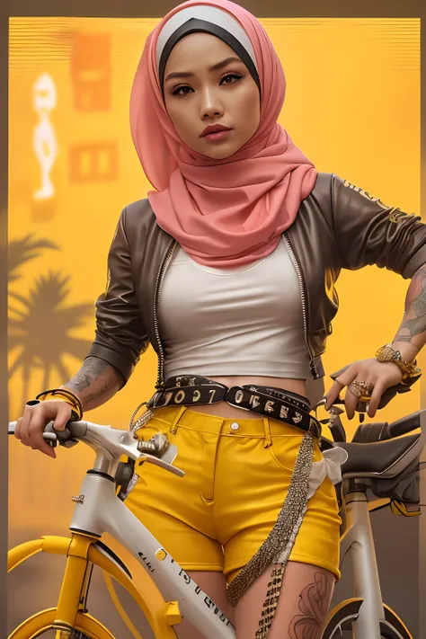 a malay woman in hijab and a white top and pink shorts is standing next to a bike with a yellow background and, by Quentin Tarantino, 1girl, bracelet, yellow hijab, jewelry, letterboxed, lips, makeup, medium_breasts, midriff, nail_polish, navel, necklace, ...