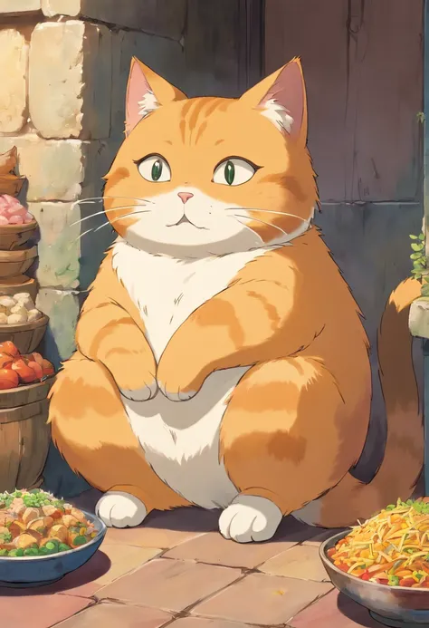 a cat belly full of food, sitting, leaning on wall